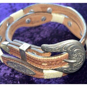 Vtg Southwestern Tooled Leather Belt Brown Mexico Alpaca Ornate Conchos 29-3'